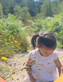 Child exploring wildflowers in nature